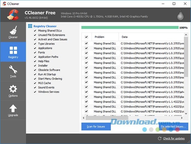 CCleaner hỗ trợ dọn dẹp registry hiệu quả