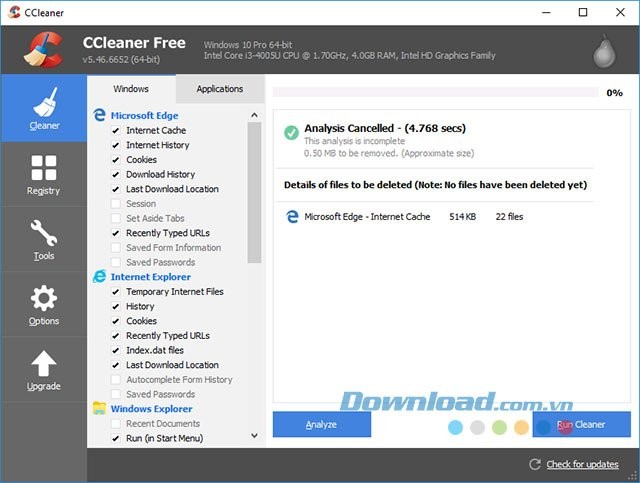 Giao diện chính của CCleaner