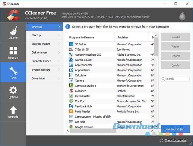 Gỡ bỏ chương trình ngay trong CCleaner