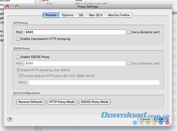 Giao diện cấu hình phần mềm Charles cho Mac