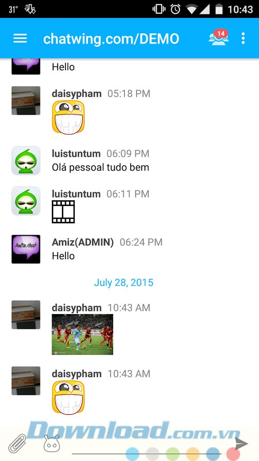 Giao diện chat của ứng dụng ChatWing cho Android
