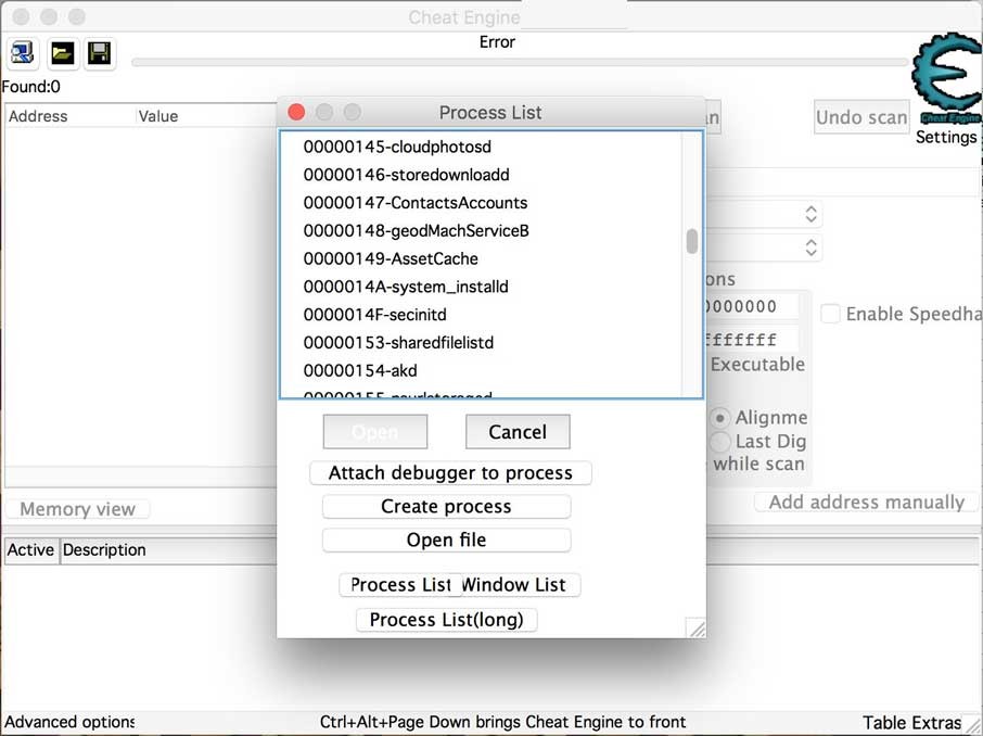 Một quá trình xử lý lỗi trên Cheat Engine for Mac