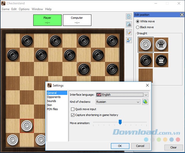 Tùy chọn trong game cờ đam Checkersland
