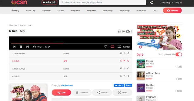 Giao diện nghe nhạc trực tuyến trên ChiaSeNhac
