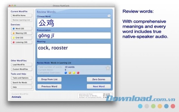 Chinese FlashCards cho Mac giống như một cuốn từ điển Anh Trung đa tính năng