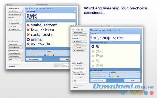 Thực hành với nhiều bài tập lý thú trên Chinese FlashCards cho Mac