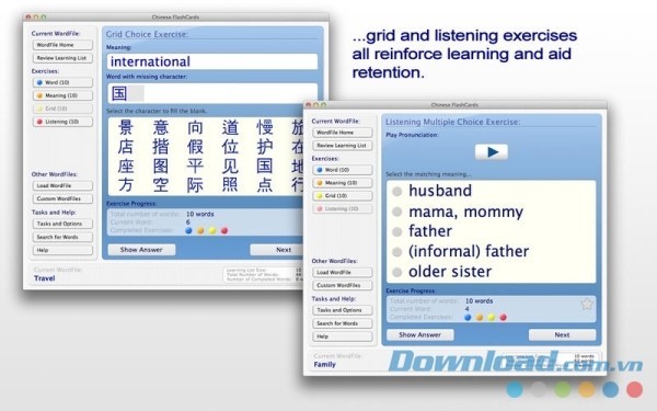 Chinese FlashCards cho Mac cung cấp nhiều bài tập đa dạng