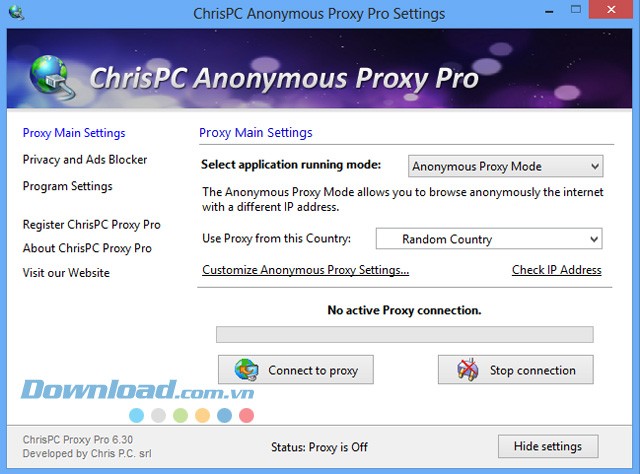 Giao diện phần mềm ChrisPC Anonymous Proxy Pro