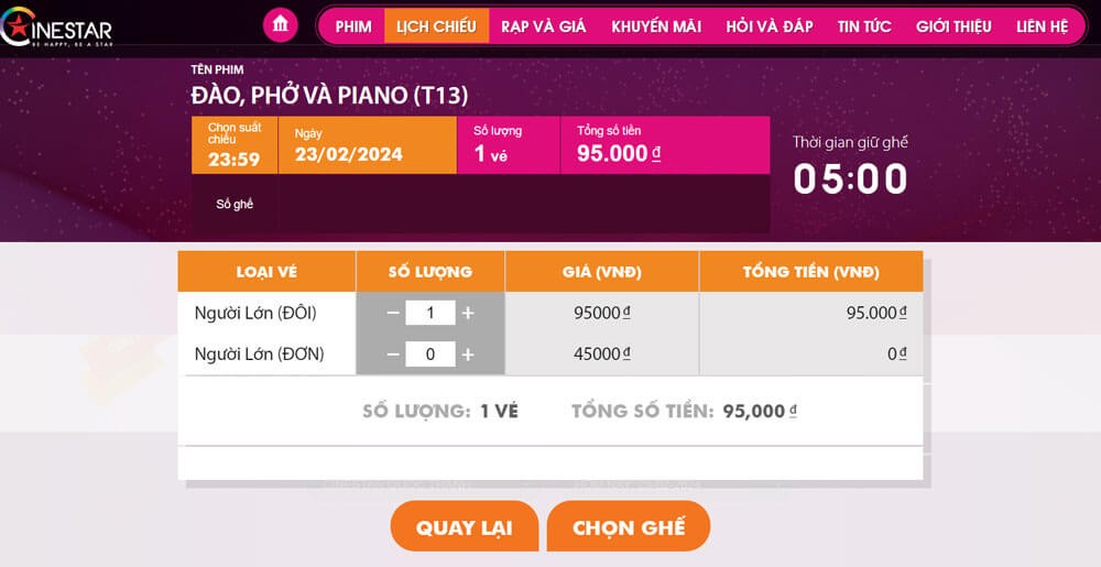 Đặt mua vé xem phim trực tuyến trên Cinestar