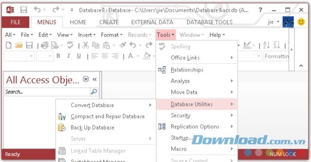 Thanh công cụ và menu trong Access 2013