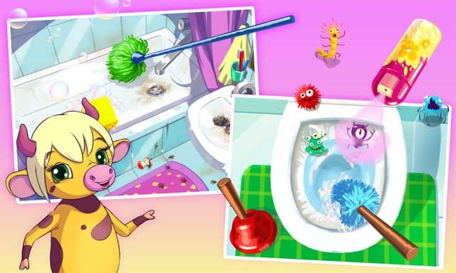 Thể hiện kỹ năng sửa ống nước của bé, sau đó thông bồn cầu và dọn dẹp bồn tắm