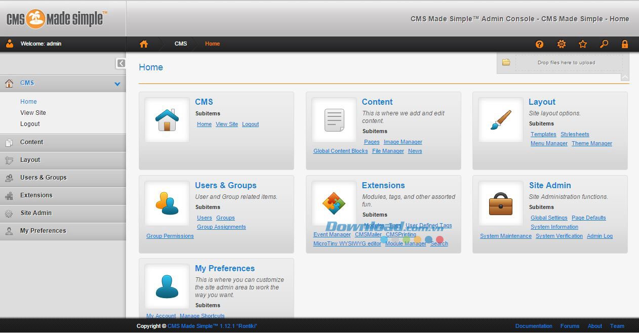 Bảng điều khiển trong CMS Made Simple