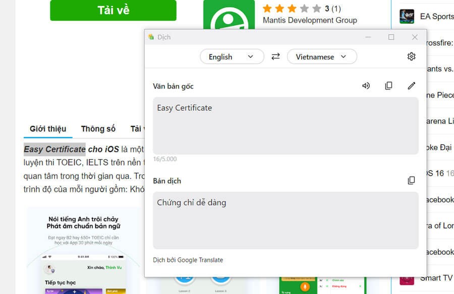 Tích hợp tính năng Tra từ điển Anh - Việt, Trung - Việt