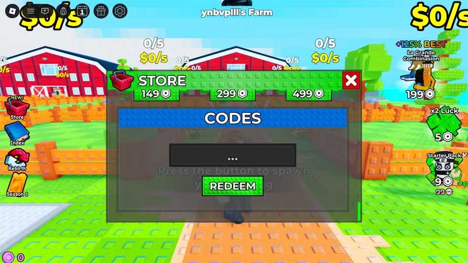 Giao diện nhập code Build a Brainrot Farm
