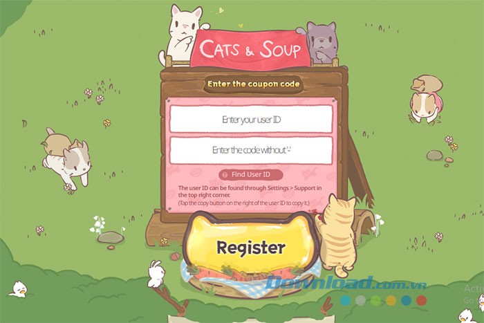 Nhập user ID của bạn và code game Cats & Soup: Fluffy Town