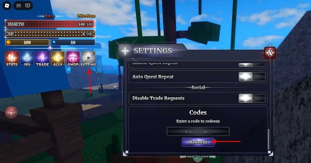 Giao diện đổi code Sailor Piece