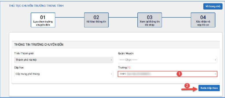 Nhập thông tin trường chuyển