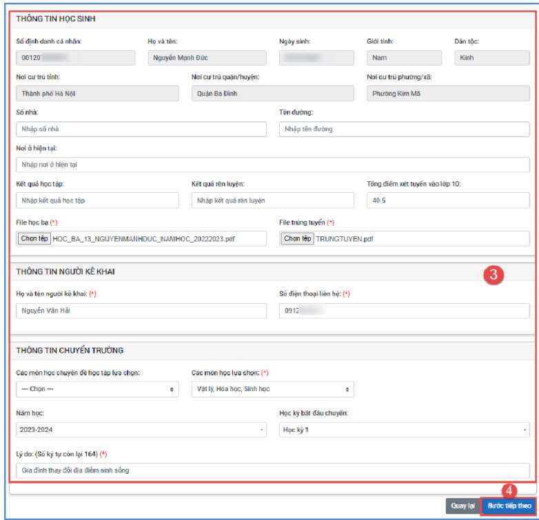 Điền đầy đủ thông tin