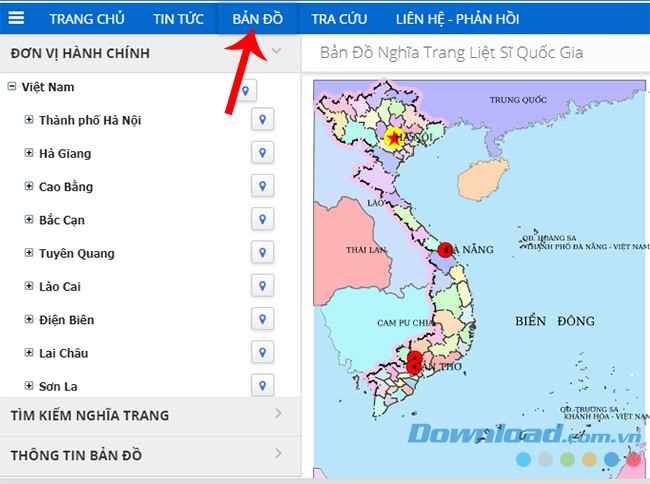 Bản đồ tìm kiếm Liệt Sỹ