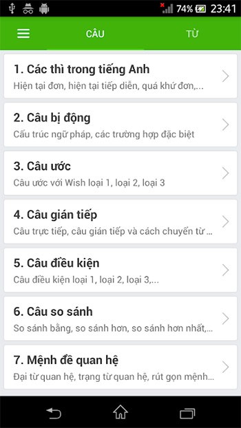 Danh mục chính trong ứng dụng Công thức Tiếng Anh