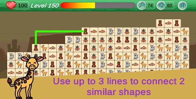 Sử dụng tối đa 3 đường thẳng để nối 2 hình con vật giống nhau khi chơi Connect Animal Classic Travel