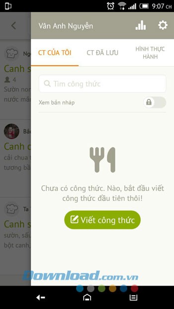 Menu ứng dụng Cookpad