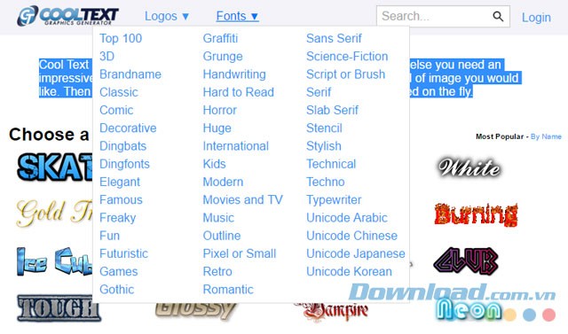 Bộ font chữ đa dạng trên Cool Text