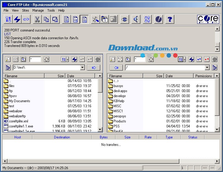 Giao diện làm việc chính của Core FTP LE