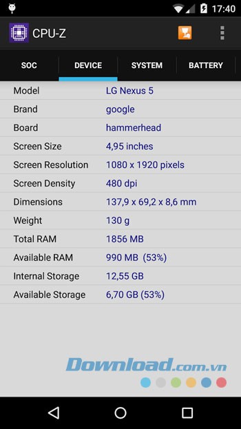 Giao diện ứng dụng CPU-Z trên Android