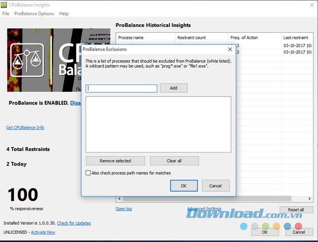 Sử dụng tính năng ngoại trừ của ứng dụng miễn phí CPUBalance cho máy tính