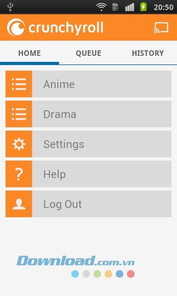 Các tab chính trên Crunchyroll for Android