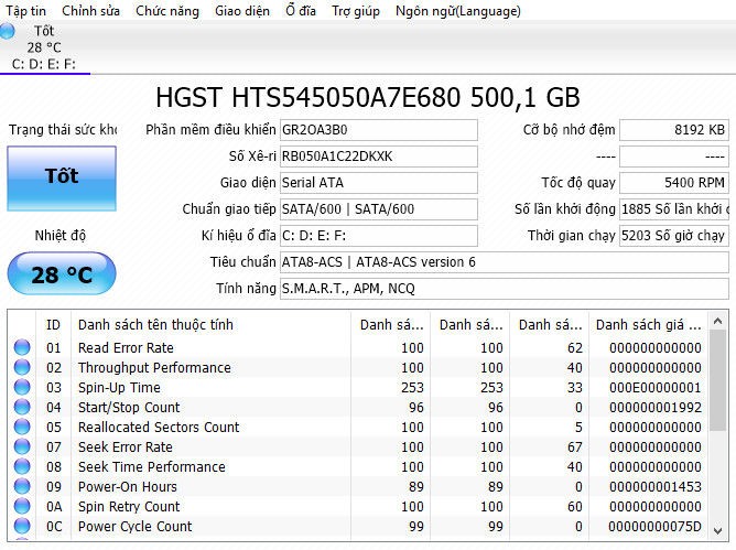 Giao diện đơn giản và đầy đủ thông tin của CrystalDiskInfo