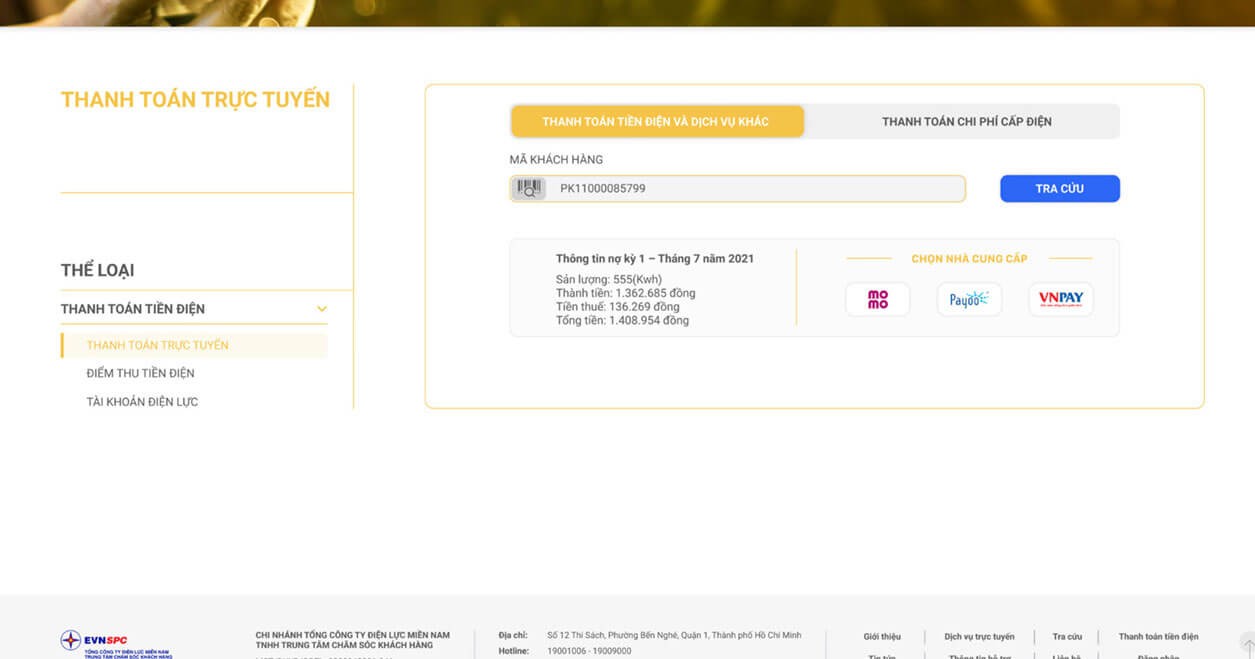 Thanh toán tiền điện trên CSKH EVN SPC