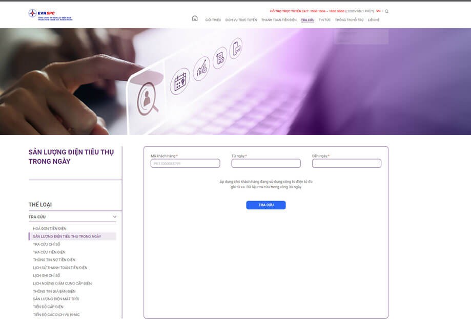 Tra cứu lượng điện tiêu thụ trên CSKH EVN SPC