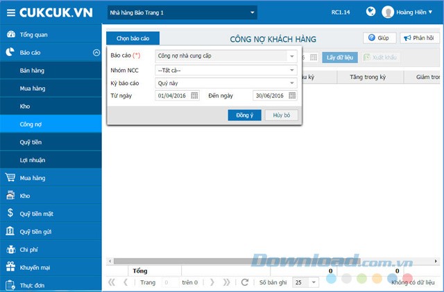 Giao diện chính của phần mềm CUKCUK.VN