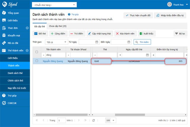 Hạ hạng thẻ 5Food