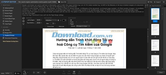 CutePDF Editor cho phép chèn Headers và Footers vào tài liệu