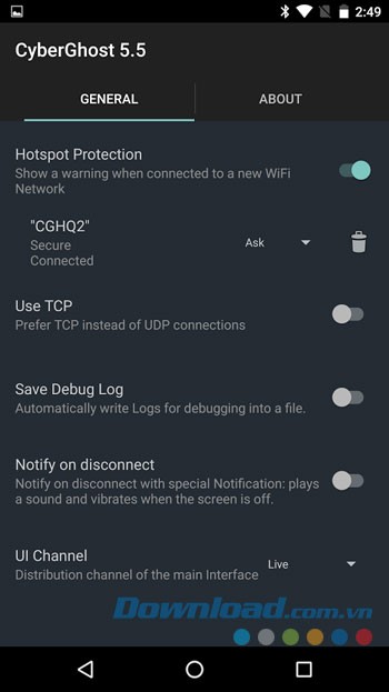 Giao diện sử dụng ứng dụng CyberGhost trên Android