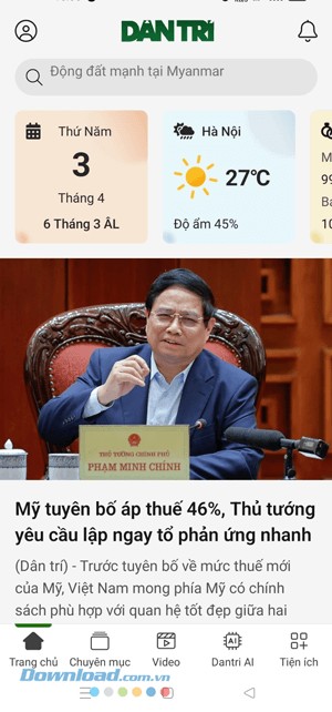 Giao diện chính của Báo Dân trí