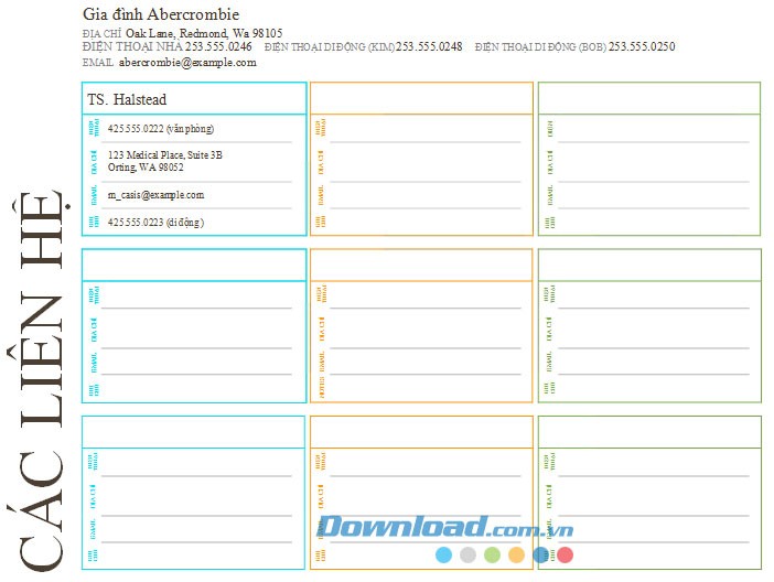 Danh sách liên hệ gia đình màu sắc