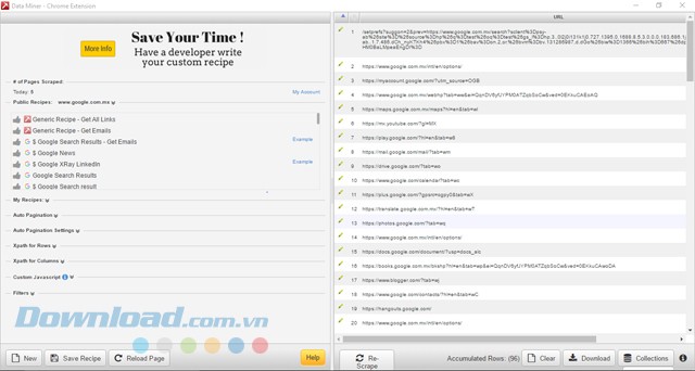 Giao diện chính của tiện ích mở rộng Data Miner có nút Download để tải dữ liệu về máy