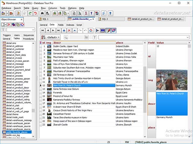 Giao diện chính của phần mềm quản lý cơ sở dữ liệu Database Tour