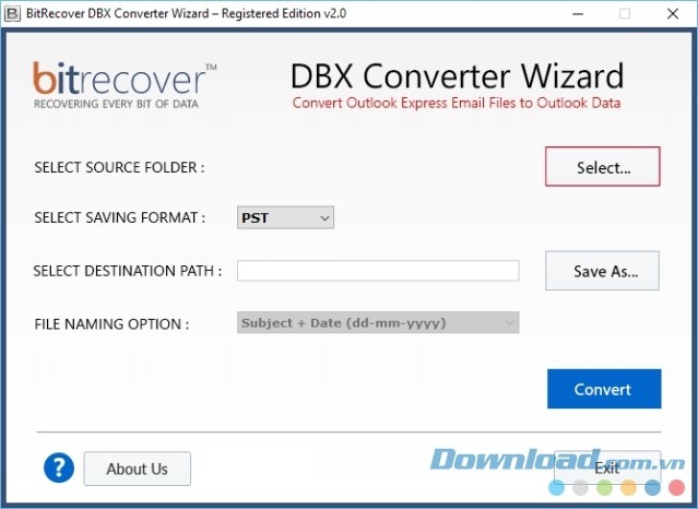 Giao diện phần mềm chuyển đổi file DBX Converter Wizard