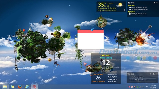 Phần mềm lịch Việt DesktopCalendar hiển thị trên màn hình desktop