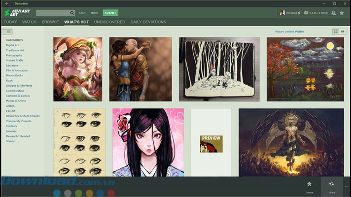 Giao diện ứng dụng DeviantArt