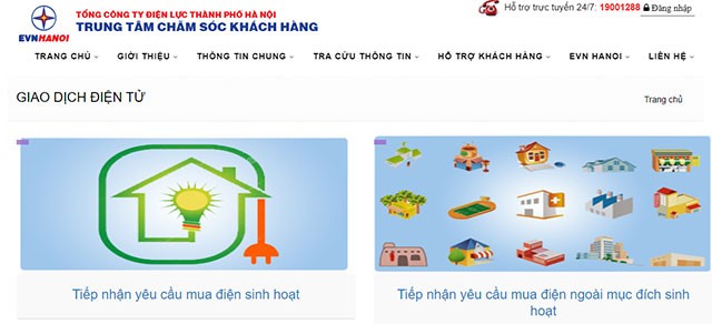 Giao diện đăng ký sử dụng điện