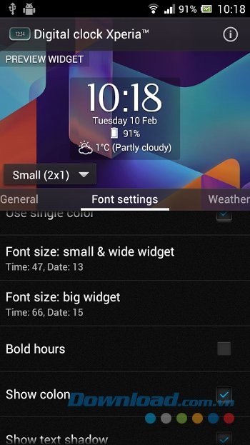 Điều chỉnh các cài đặt font chữ widget trên Digital Clock Widget Xperia