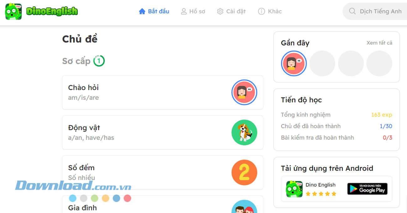 Trang chủ của Dino English, lựa chọn lộ trình học Tiếng Anh