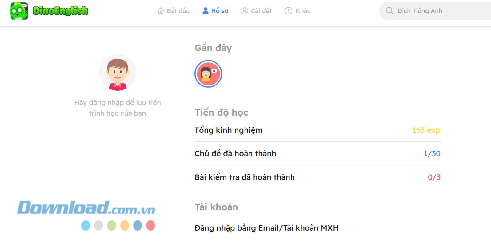 Kết quả, tiến độ học tập trên Dino English