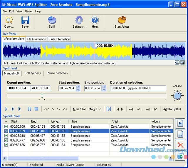 Giao diện phần mềm Direct WAV MP3 Splitter